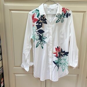 Chico’s size 1  blouse adourned with large flowers; long sleeves
